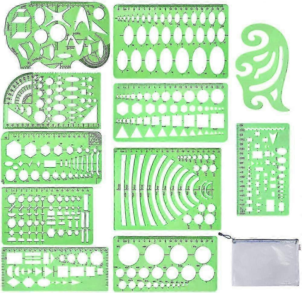 11pc Geometric Drawing Templates and Measuring Rulers
