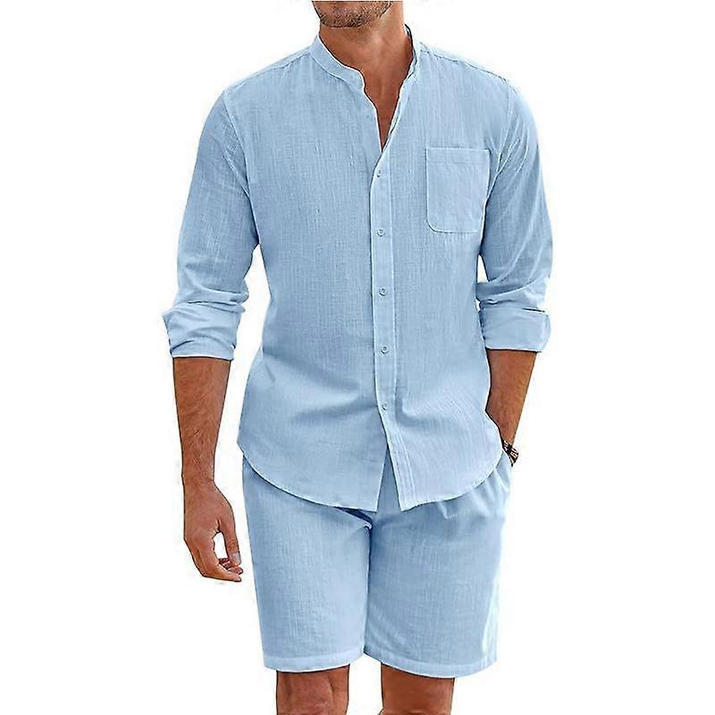 Men Casual Breathable Cotton Linen Outfits Mens Vintage Stand Collar  Button-up Shirts and Shorts Sets for Men Clothing Summer Beach Shirts Set |  Fruugo UK