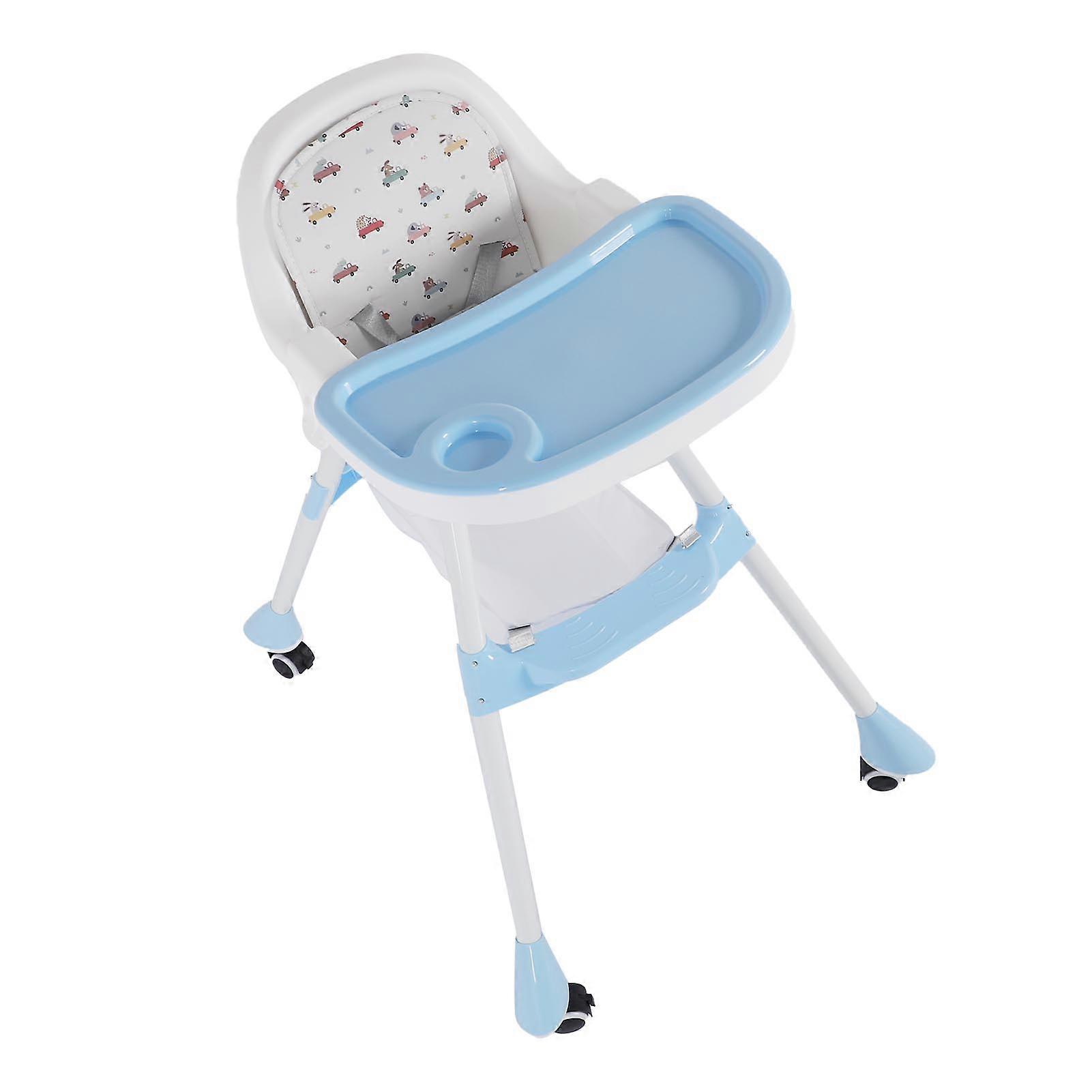 Folding Baby High Chair with Double Tray Silent Wheels Adjustable Space Saving Feeding Height Chair Blue 