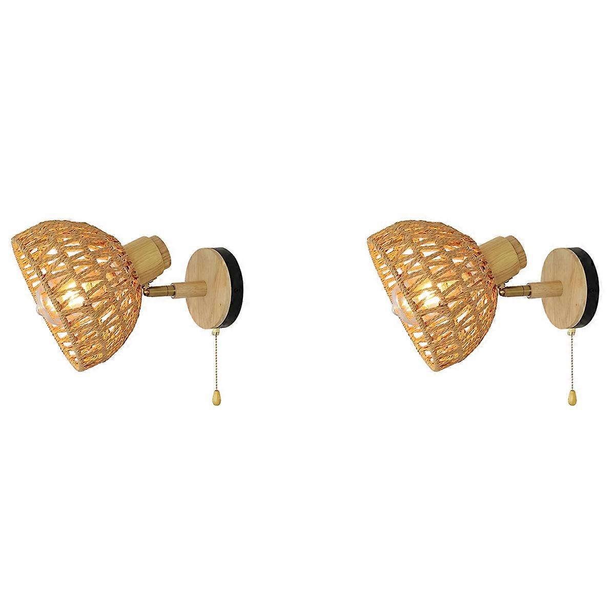 Rattan Wall Sconces Retro Japanese Style Bedside Wall Lamp EU Plug