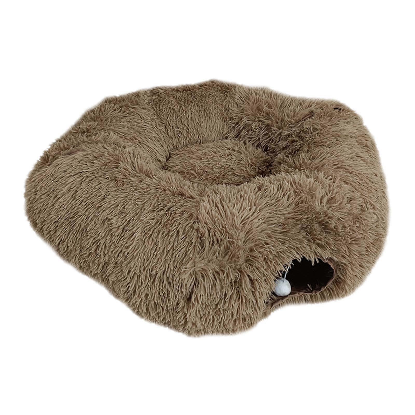 Cat Tunnel with Bed Plush Play Cave with Ball Cat House Cat Playground Toy Donut Tunnel for Seek Brown