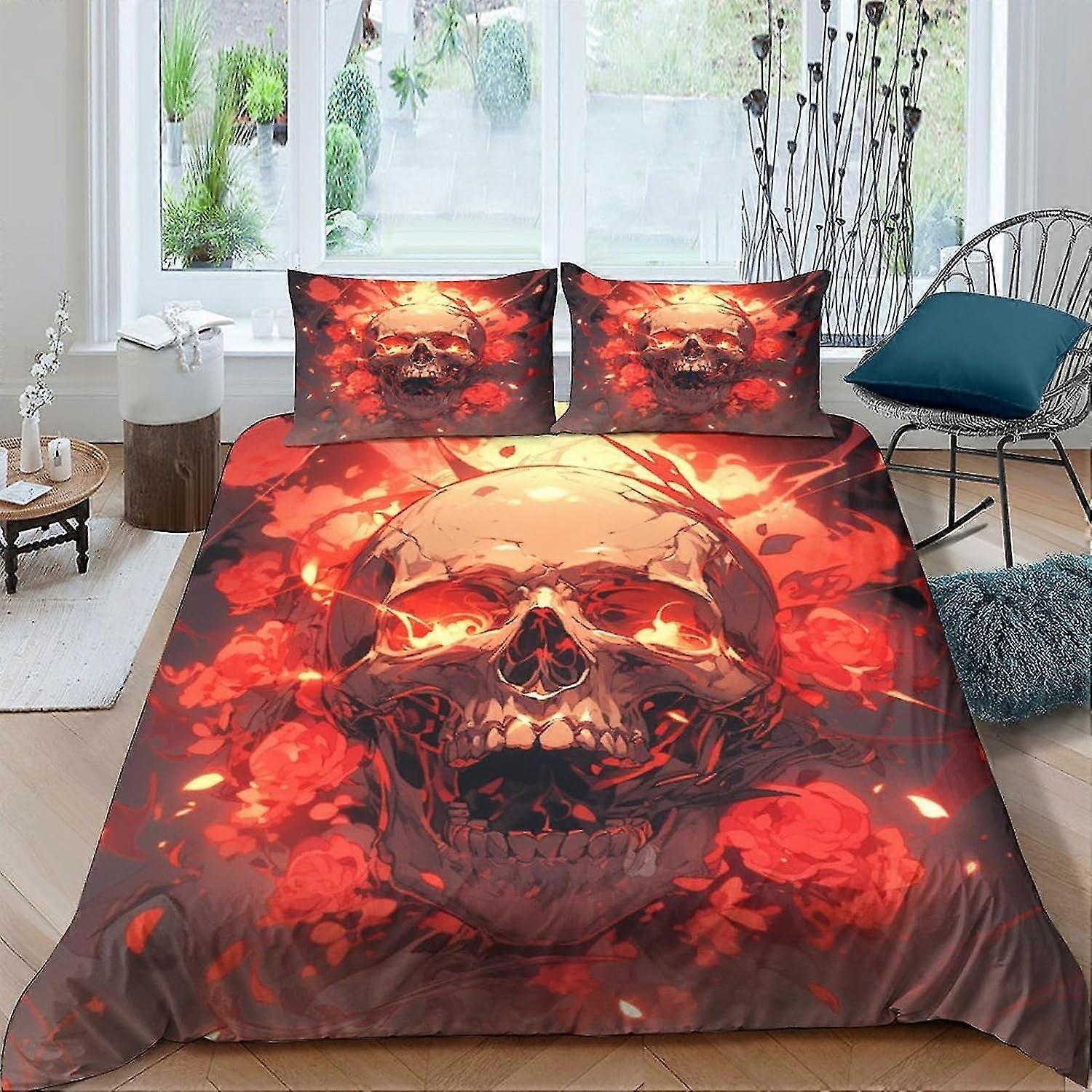 Komplet pościeli o tematyce gotyckiej, poszewka na kołdrę 3D Skull z poszewkami na poduszki, zestaw 3 sztuk z miękkiej mikrofibry z zapięciem na zamek błyskawiczny do podwójnego łóżka