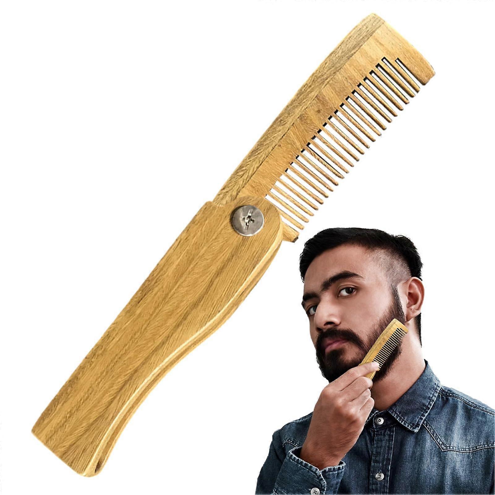 Beard Comb - Foldable Natural Wood Beard and Moustache Comb, Anti-Static Pocket Size Grooming Tool for Men, Green