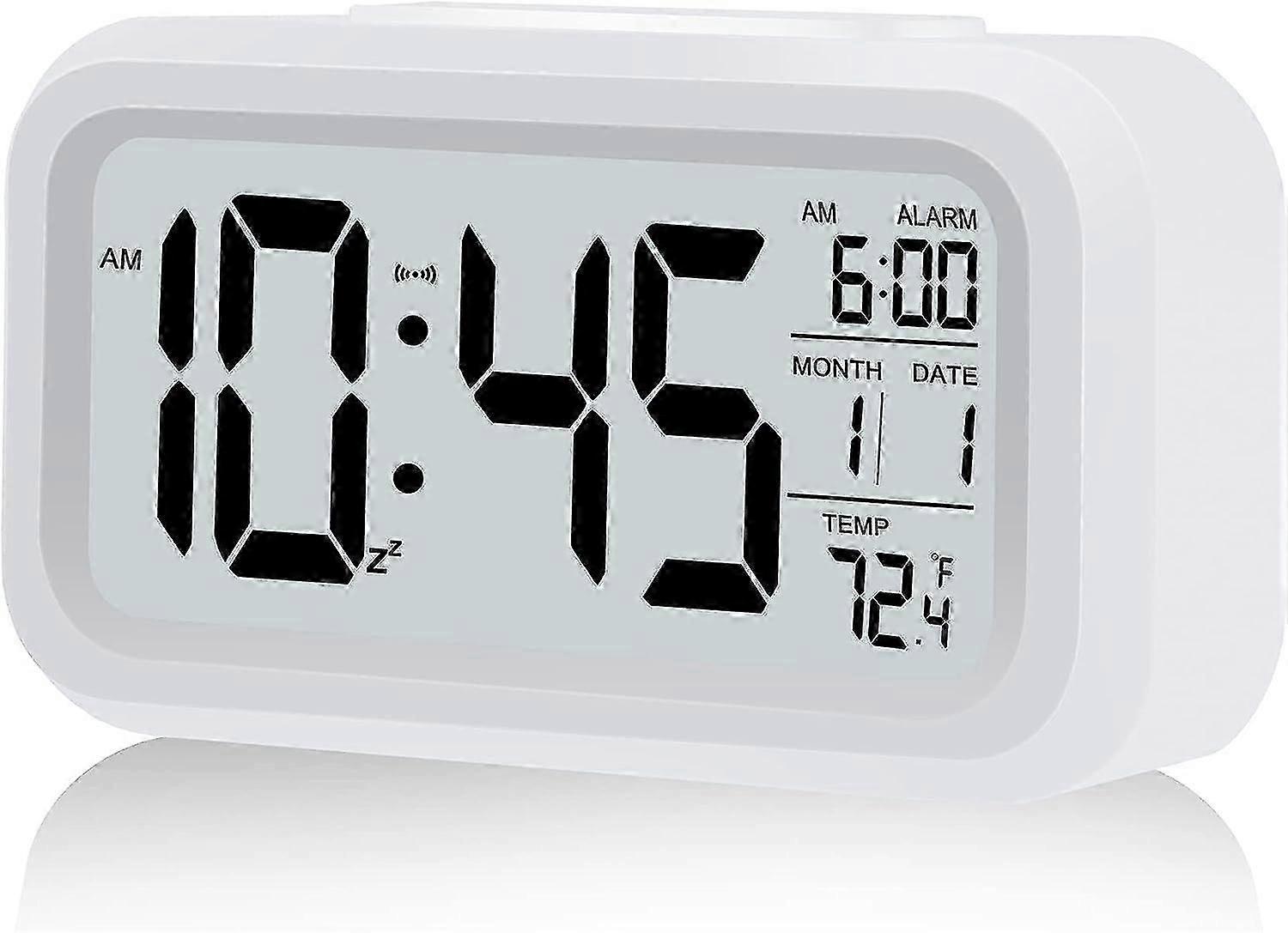 Digital Alarm Clock, Battery Operated Alarm Clock, with Smart Night Light | Snooze | Date | 12/24H | Indoor Temperature, 4.3" LCD Alarm Clock for Bedr