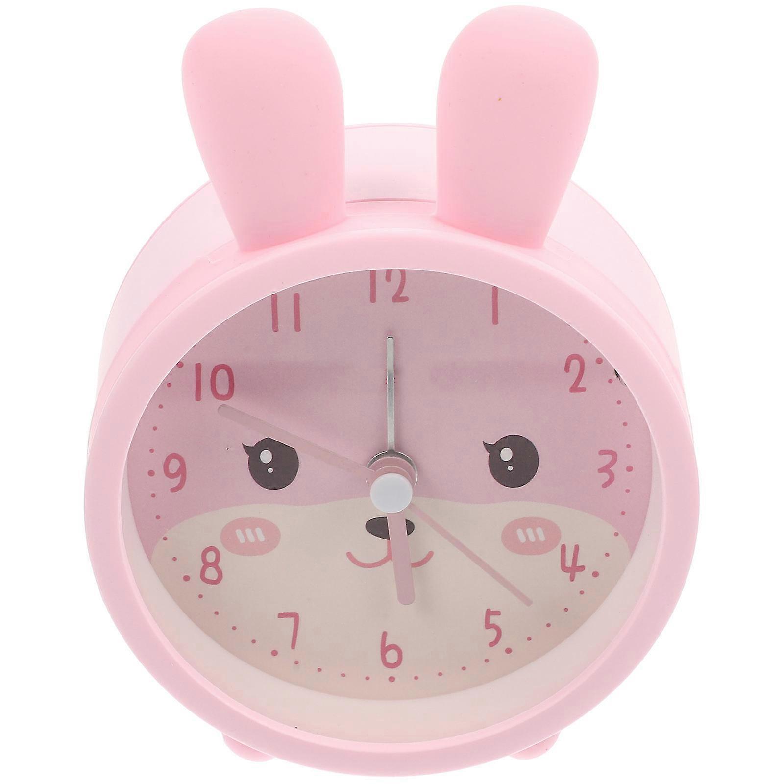 Lovely Rabbit Ear Bedside Night Lamp and Alarm Clock with Non Ticking Movement, Pink Cartoon Design Table Clock with Night Light for Dormitory and