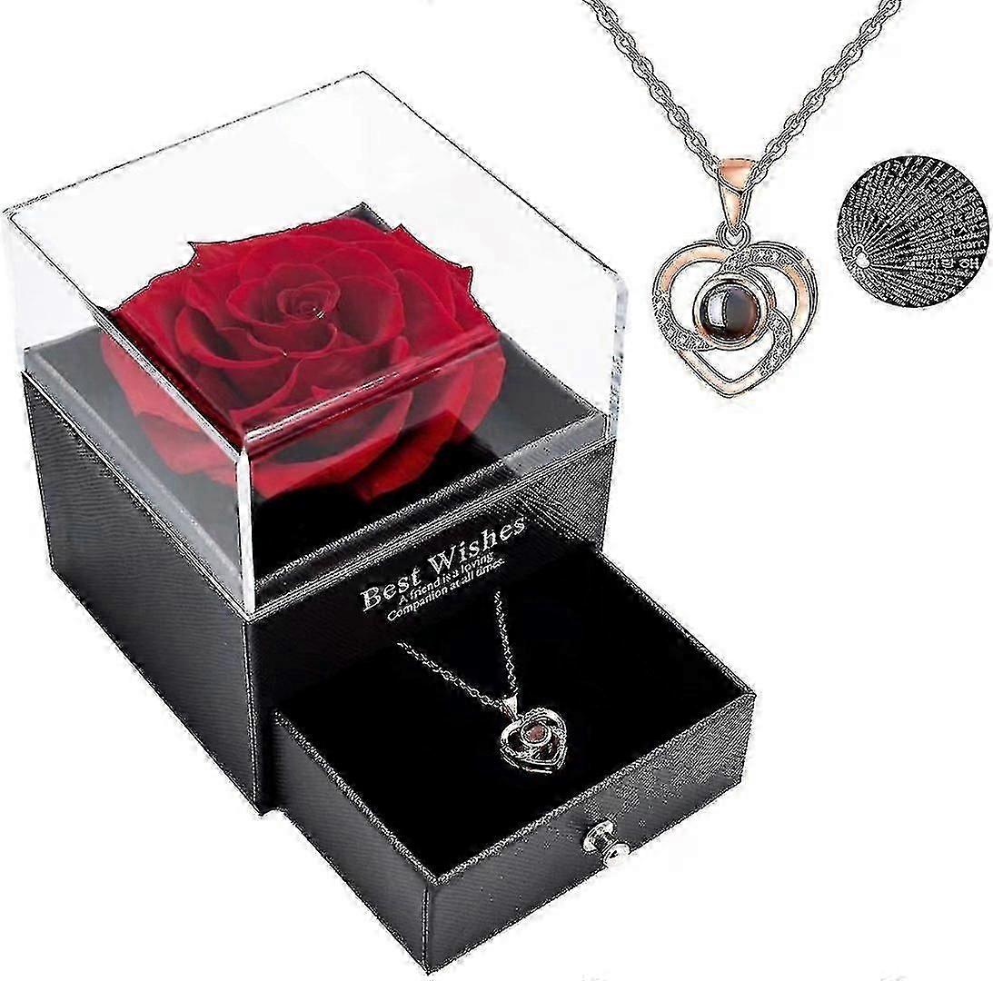 Konservierte echte Rose mit „Ich liebe dich“-Halskette in 100 Sprachen als Geschenkset