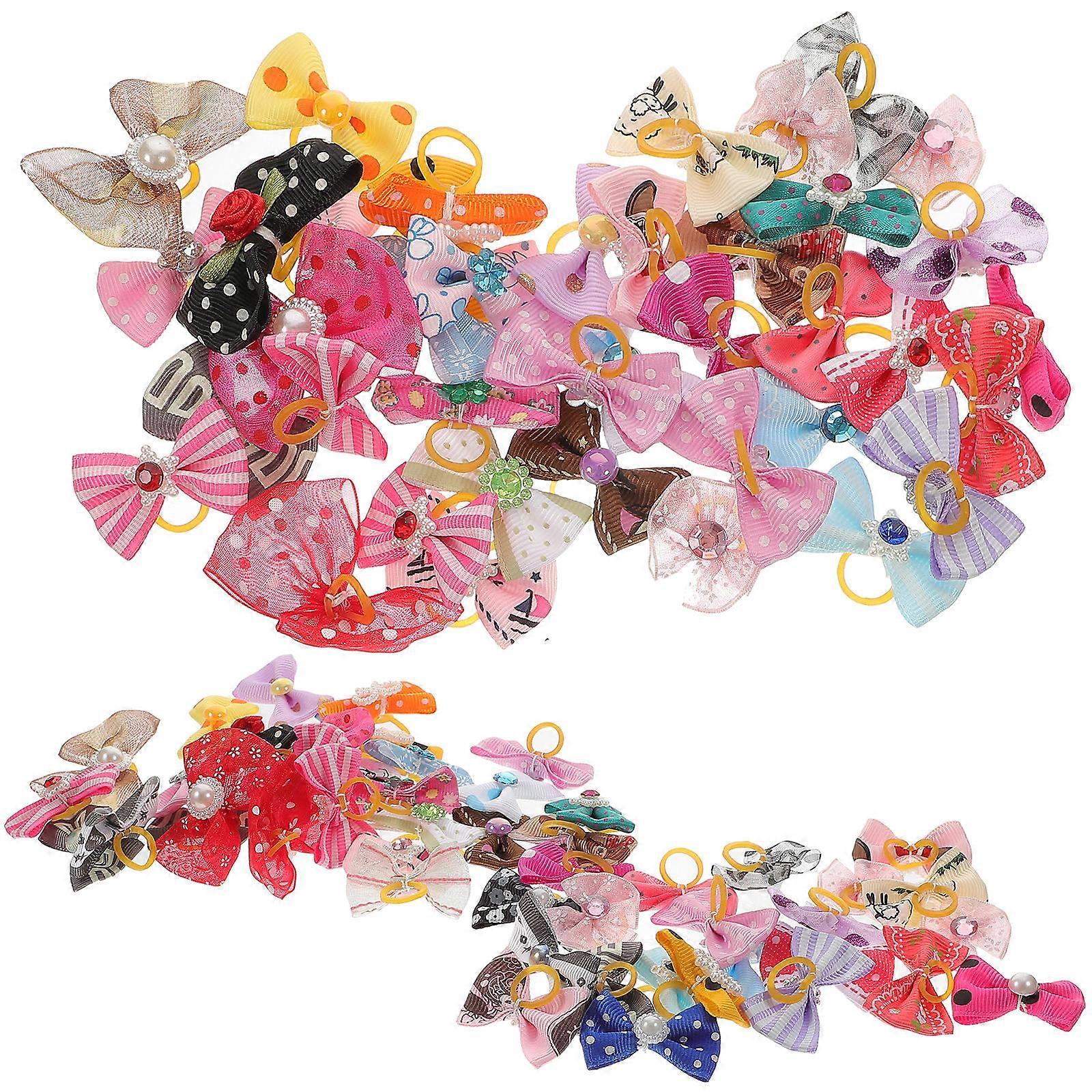 50pcs Dog Bows With Rubber Bands-Pet Cat Dog Hair Bows Multicolor Rhinestone Beads Flowers Topknot Puppy Bows(Random Mixed Color)