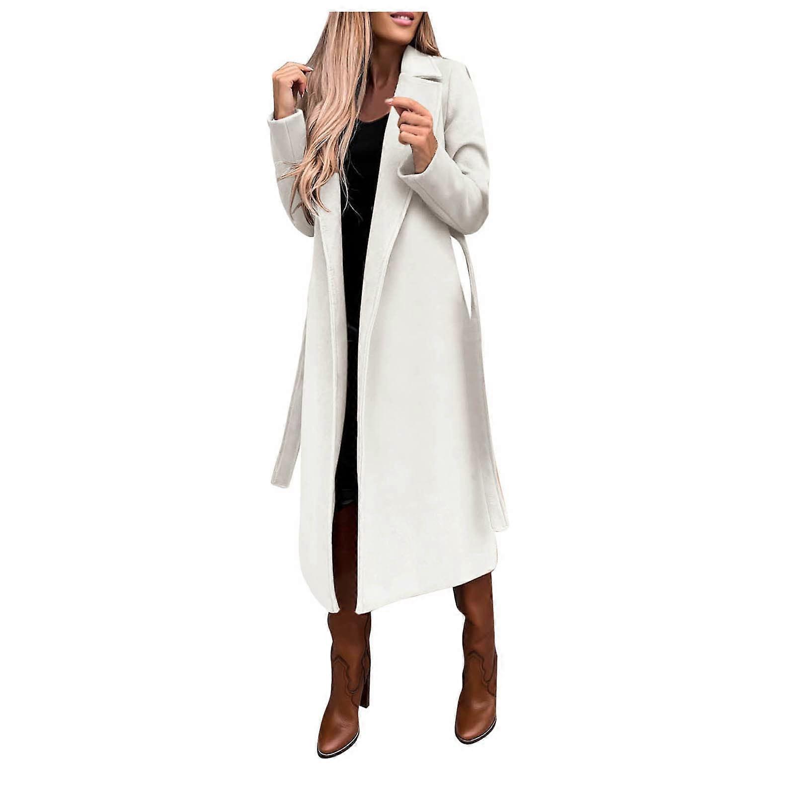 Long Trench Coat Women's Winter Coat Long Sleeve TurnDown Collar With Belt Size XL O White