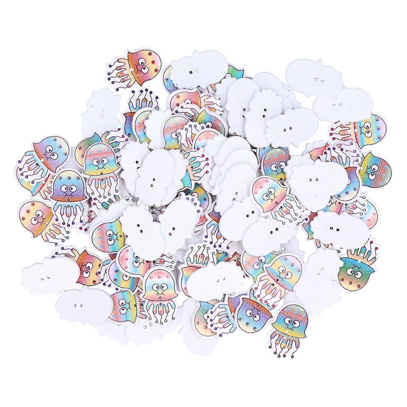 100 DIY Buttons with Jellyfish Pattern, Colorful Wooden Buttons, Clothing Decoration Accessory