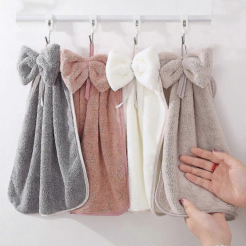 Coral Velvet Microfiber Hand Towels, Set of 4 Absorbent Hanging Towels with Loops and Bow Tie Design