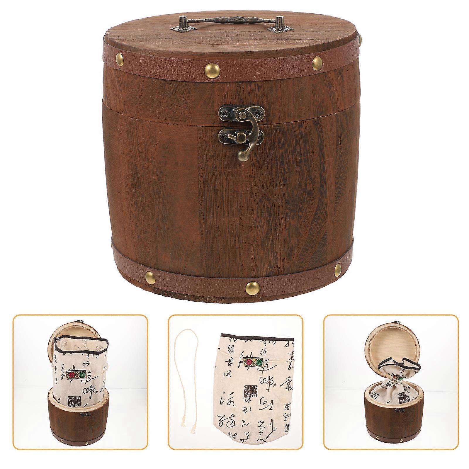 Wooden Tea Bucket Holder Set Retro Airtight Tea Pot Storage Box, Portable Design, Medium Size, Charming Brown Finish
