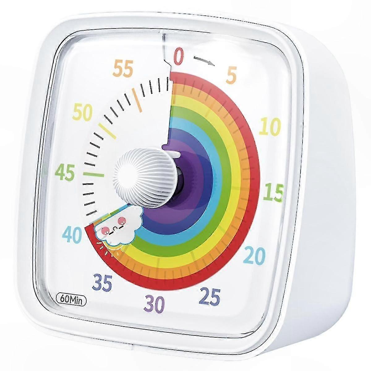 White 60-Minute Visual Timer with Rainbow Design, Countdown and Pomodoro Features, Ideal for Kids and Adults, Includes Night Light Functionality