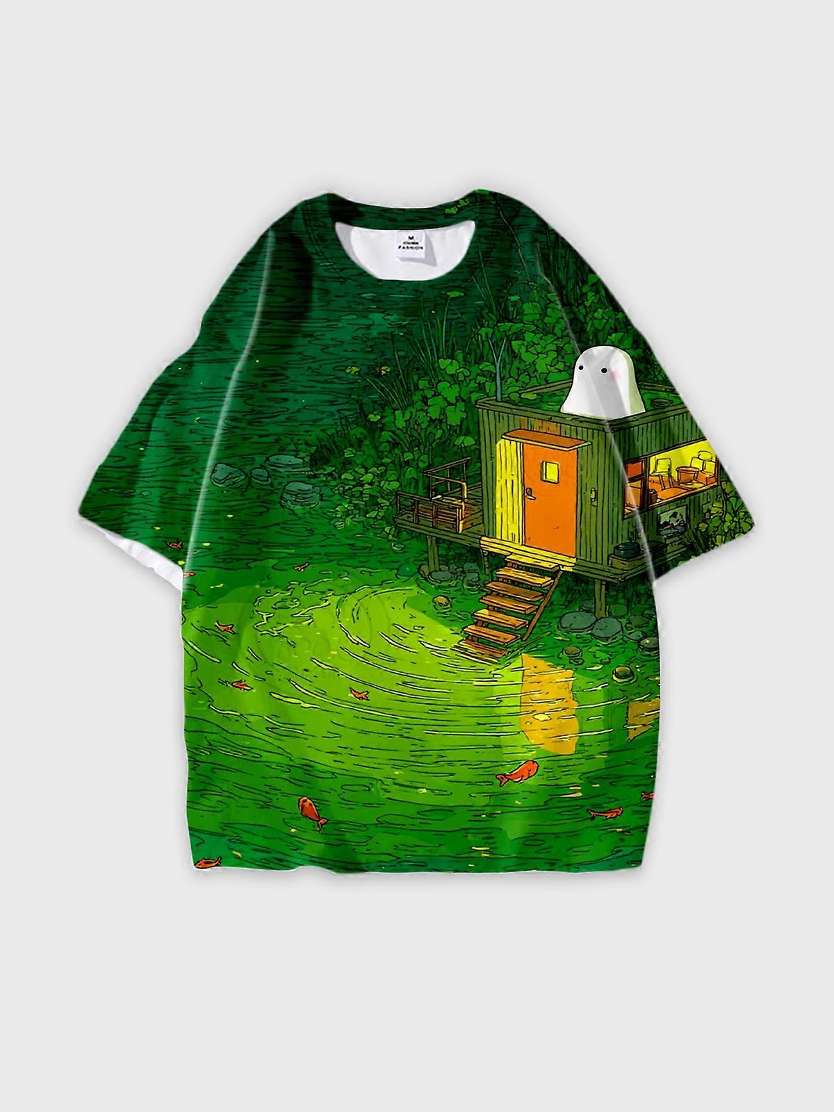 T-Shirt Round Neck, Loose Short Sleeve Pattern Graphic Tee, Unisex Summer Casual Top W2995