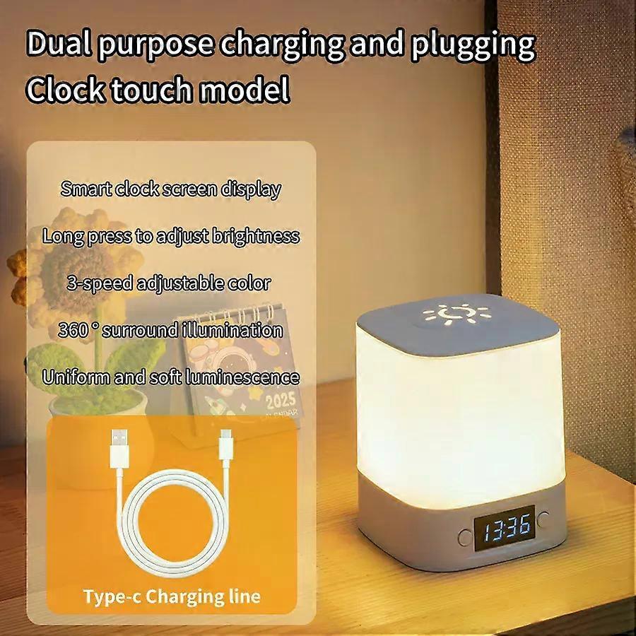 LED Night Lamp Rechargeable Table Lamp Clock Display Soft Sleeping Lamp Touch Switch Bedside Lamp for Bedroom Decor