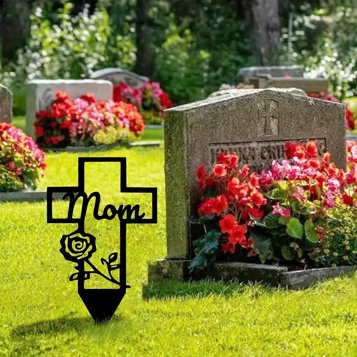 1PC Flower Cross Memorial Stake for Mom for Garden Cemetery Graveyard Remembrance Decor