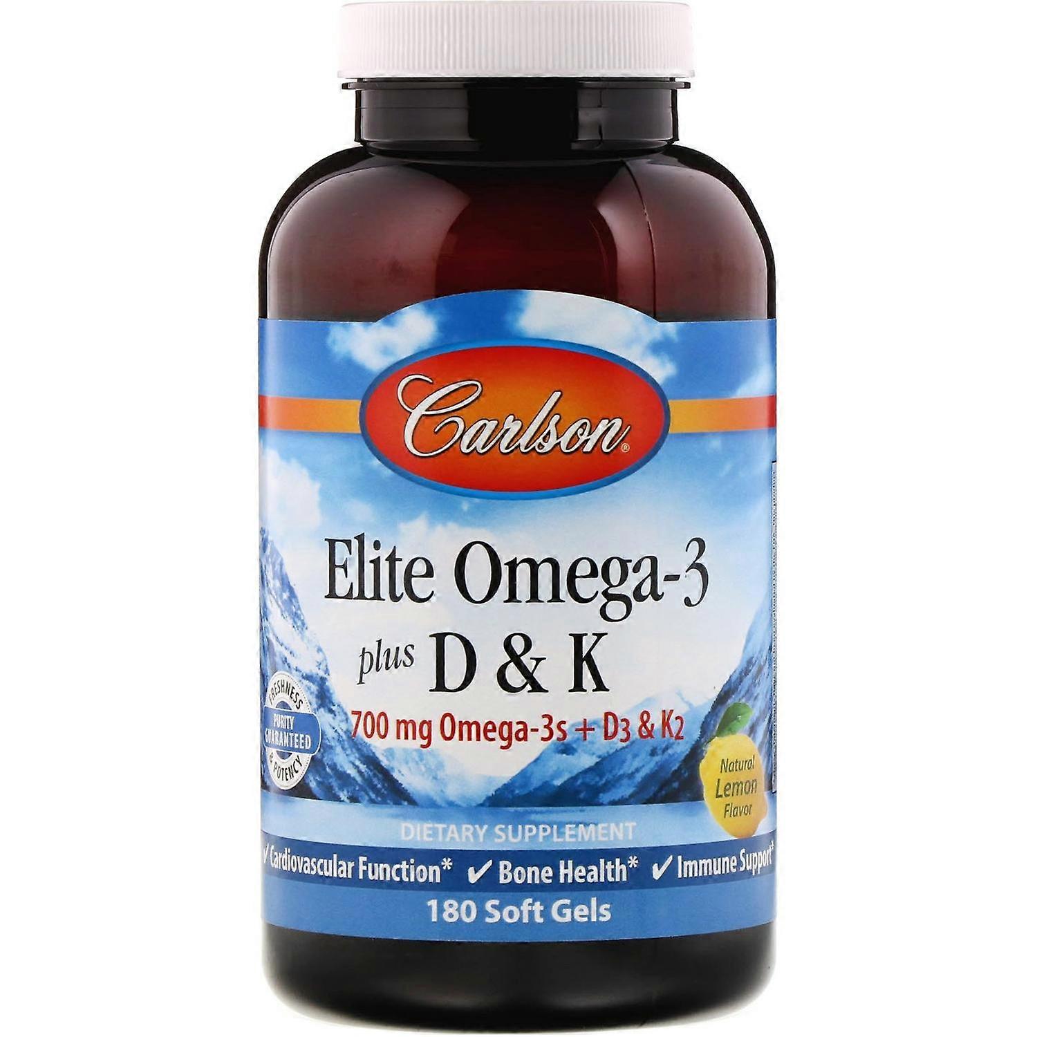 Carlson Labs, Elite Omega-3 Plus D & K, Natural Lemon Flavor, 180 Soft Gels