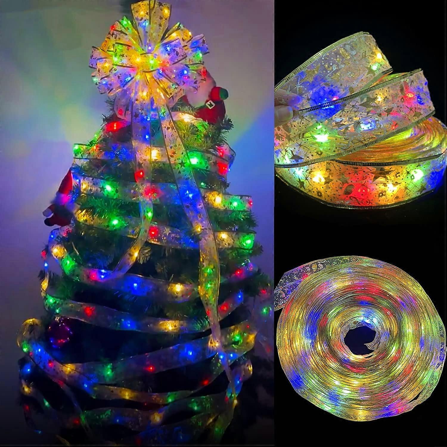 Silver Christmas Ribbon with Colorful Lights, 16.4 ft X 2 Inches Wired Organza Ribbon with 50 Colorful Lights String