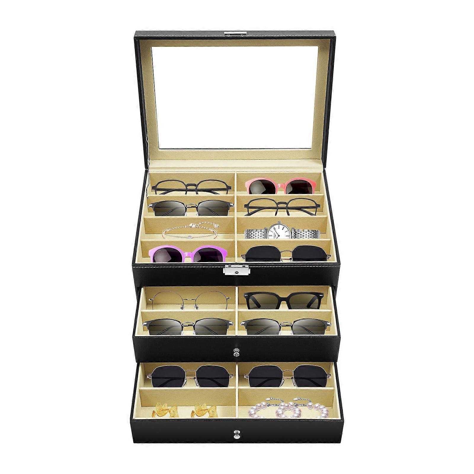 24-Slot Sunglass Organize Box Display Case Glasses Display Drawer with Lock