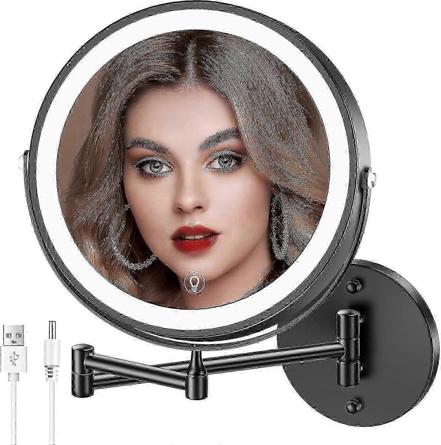 Wall Mounted Lighted Makeup Mirror, 8" Rechargeable Double-Sided Light up Magnifying Mirror 1x/10x, 3 Colors Led Vanity Mirror with Lights, Touch Dimm