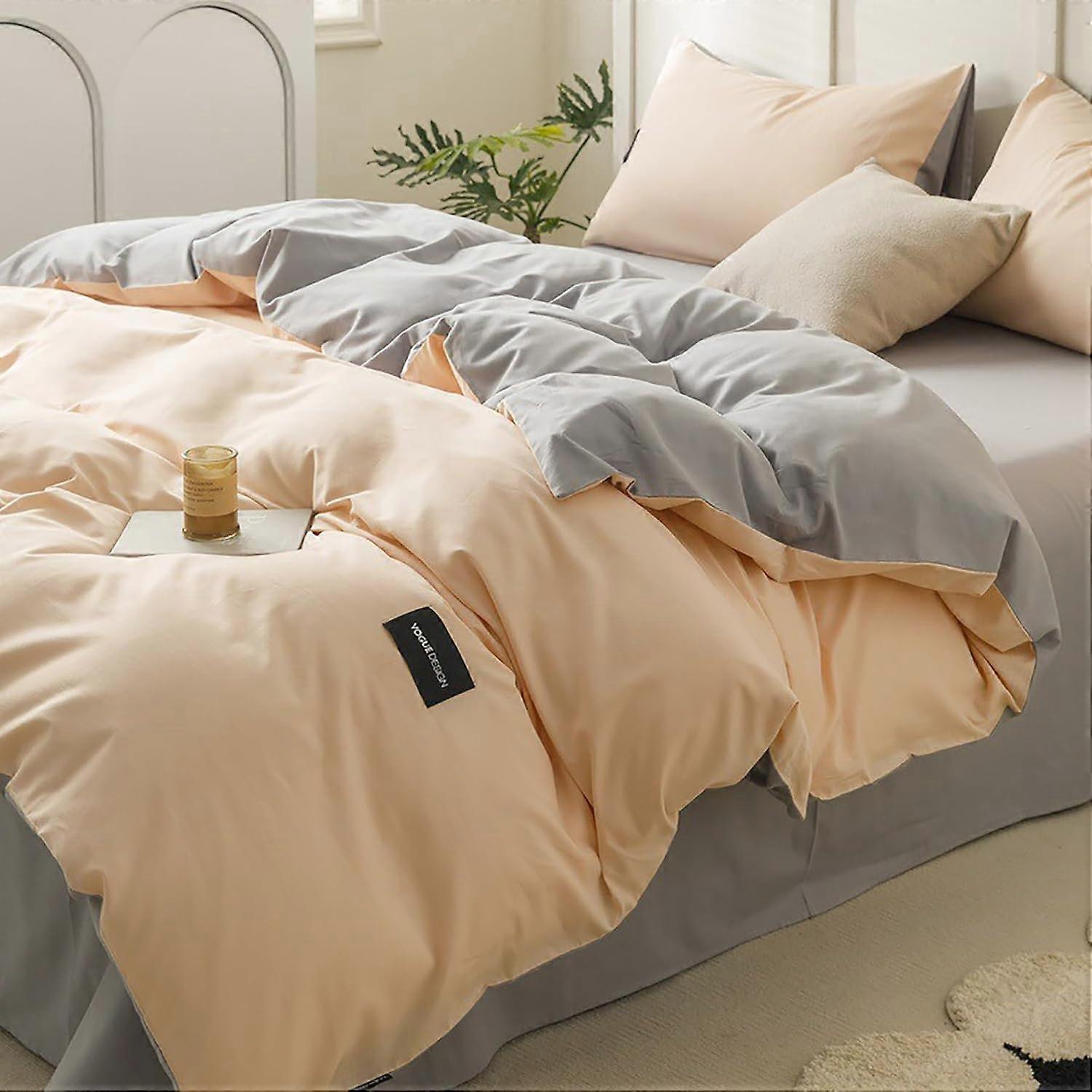 Simple Solid Color Bedding 4 Pieces Set Cotton Comforter Queen Size All Season Includes Sheets Pillowcases Shams Pink Gray King