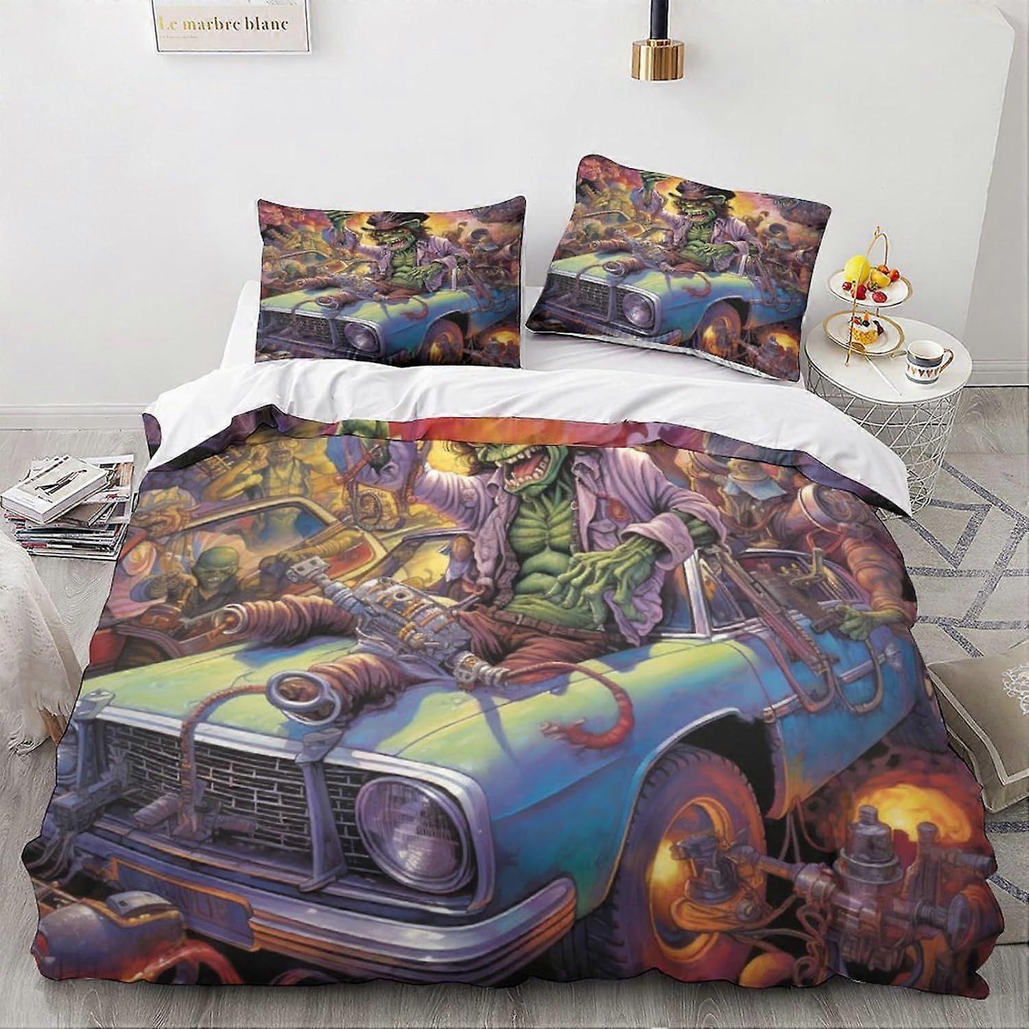 LikeEj Monstros 3D vintage carro edredom Capa Set Cartoon Pattern Impresso Cama Capa edredom com fecho com zíper 3 peças Capa Edredom Soft