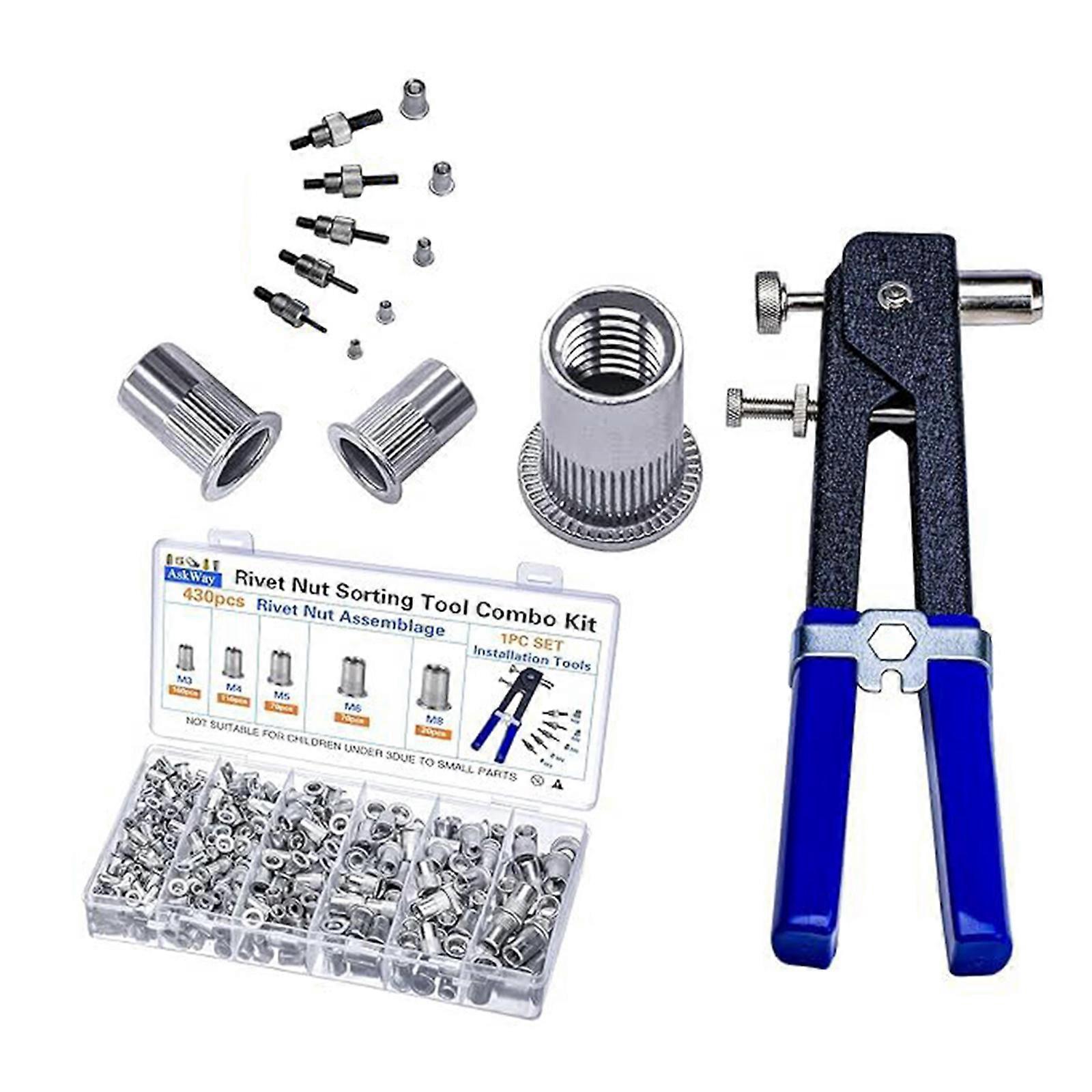 430Pcs Pressure Rivet Nut Tool Kits 3/4/5/6/8mm Flat Head Threaded Rivet Nut Assortment For Industrial Applications Multicolor