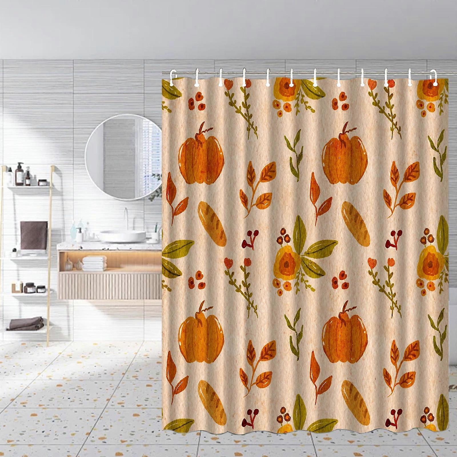 Fall Pumpkins Maple Leaf Shower Curtain, 70.8x35.4 Inch, Waterproof Polyester with Hooks, compatible with standard liners