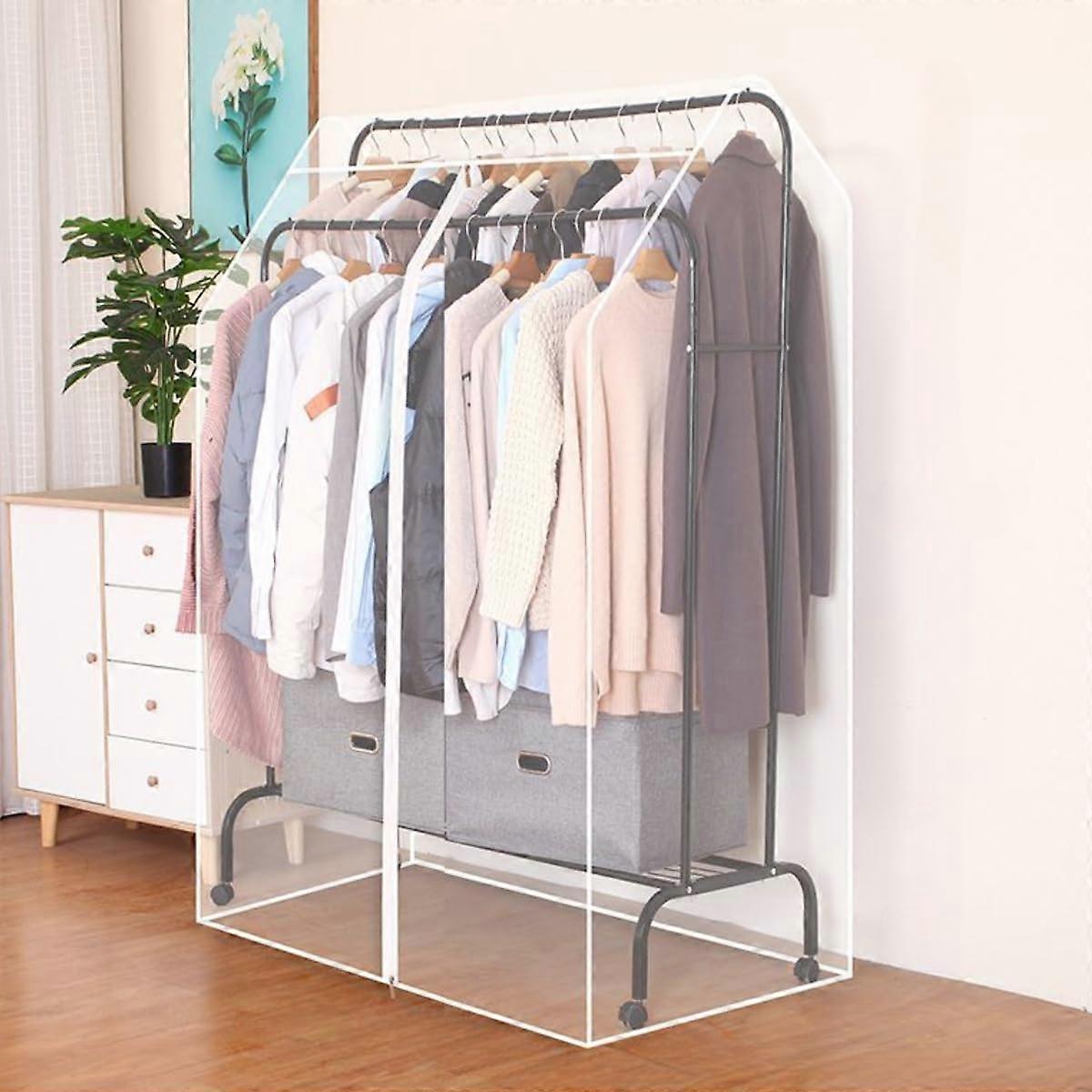 Extra Wide Transparent Garment Rack Cover with Zipper, Double Hanging Rod Dustproof Clothes Rail Protector 80x150x75cm