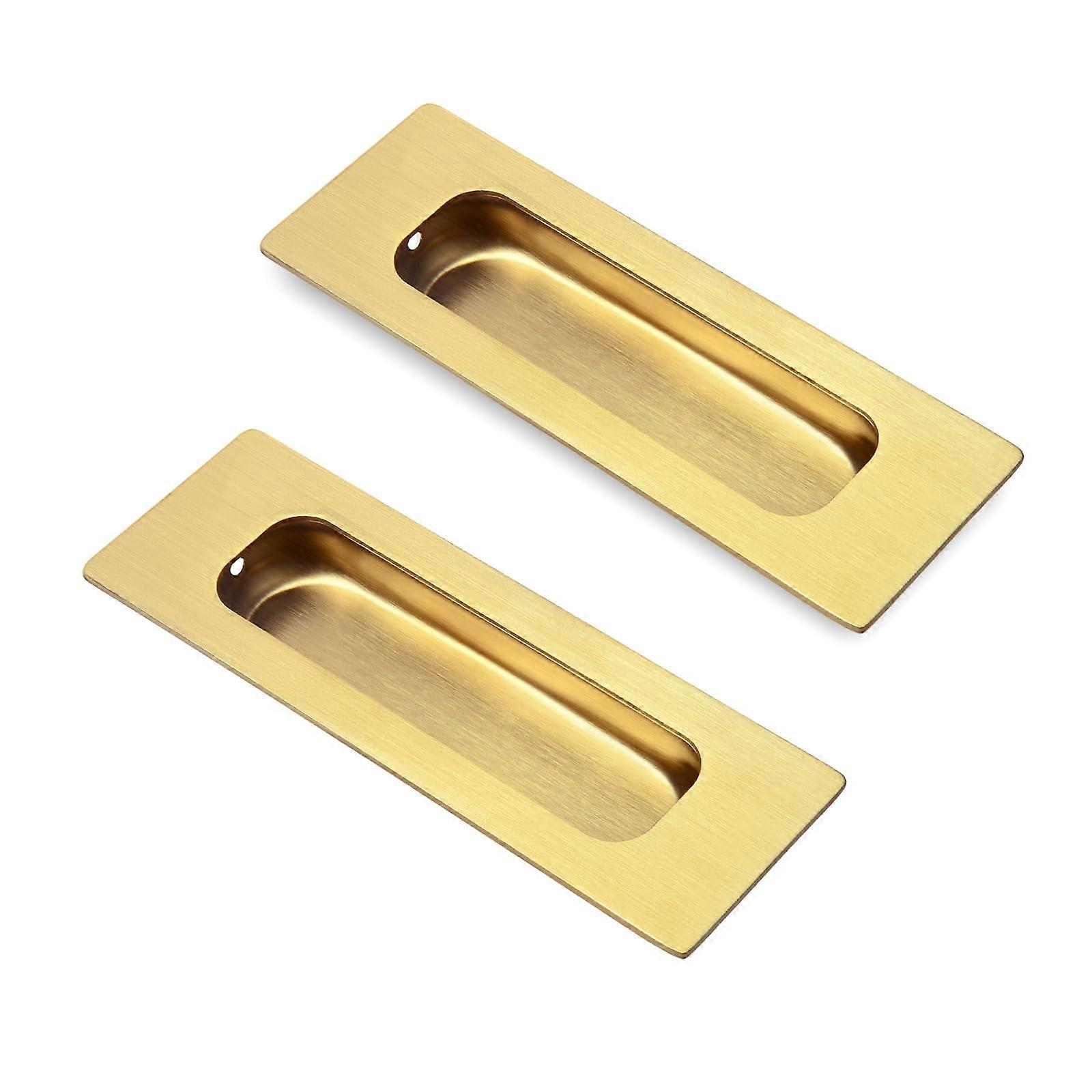 2 Pack Brushed Gold Sliding Door Pull Handles, Flush Rectangular Barn Door Finger Pulls, Hidden Screw Mounting