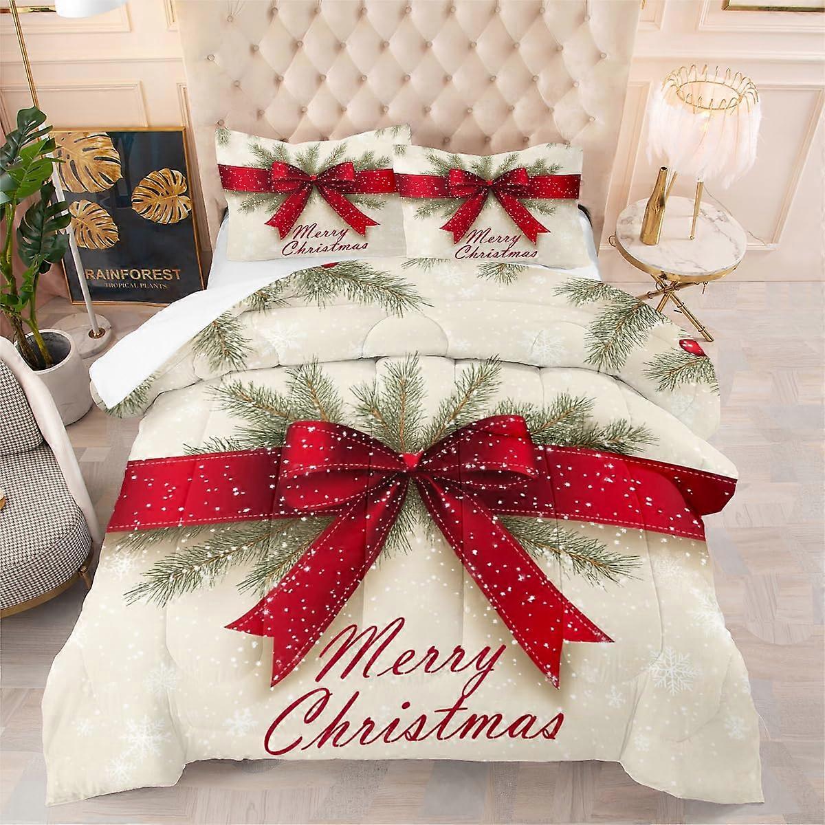 King Size Christmas Comforter Set with Pillowcases, Red Festive Holiday Soft Microfiber Bedding