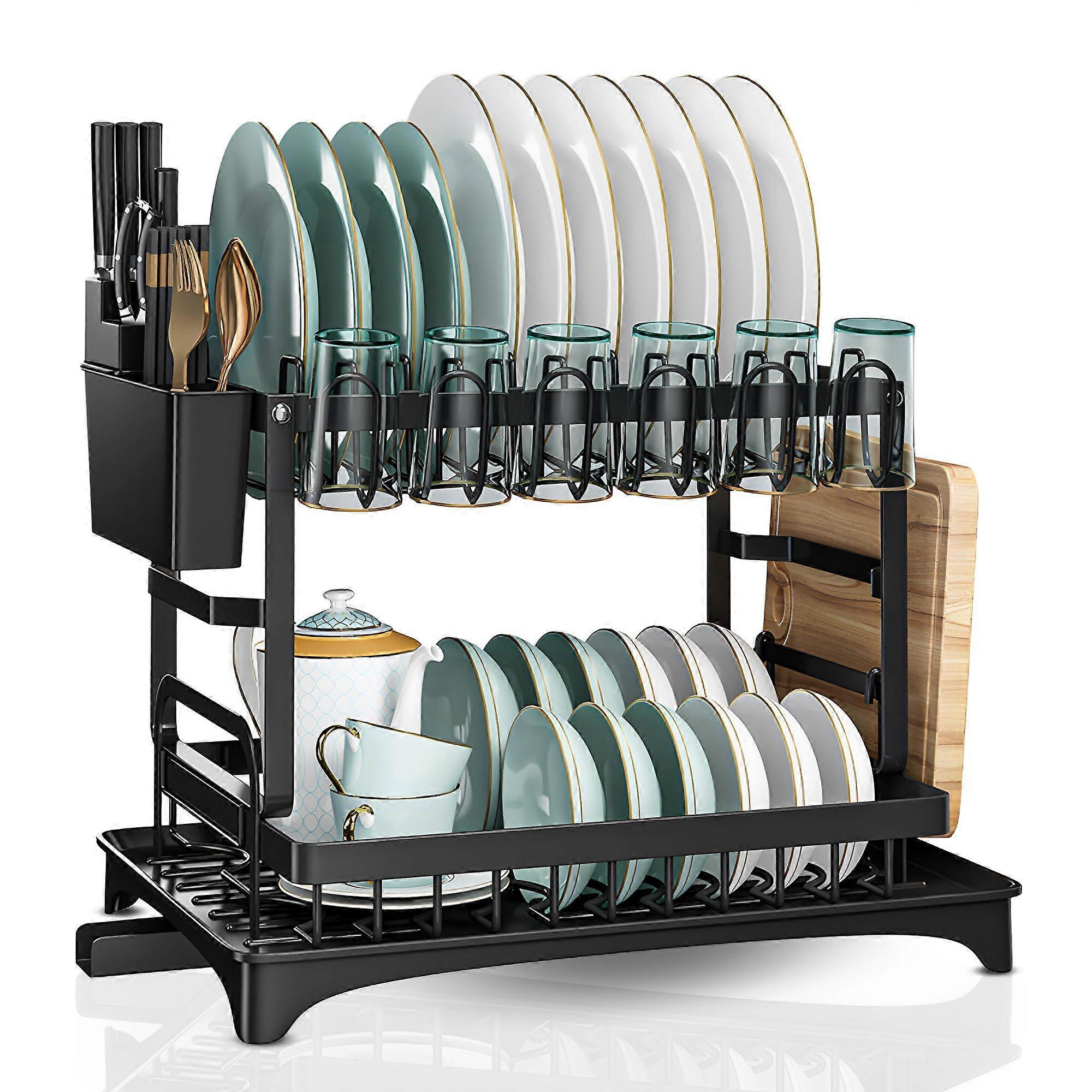 Two Tier Dish Drying Rack with Automatic Drain Tray, Foldable SpaceSaving Design for Small Kitchens