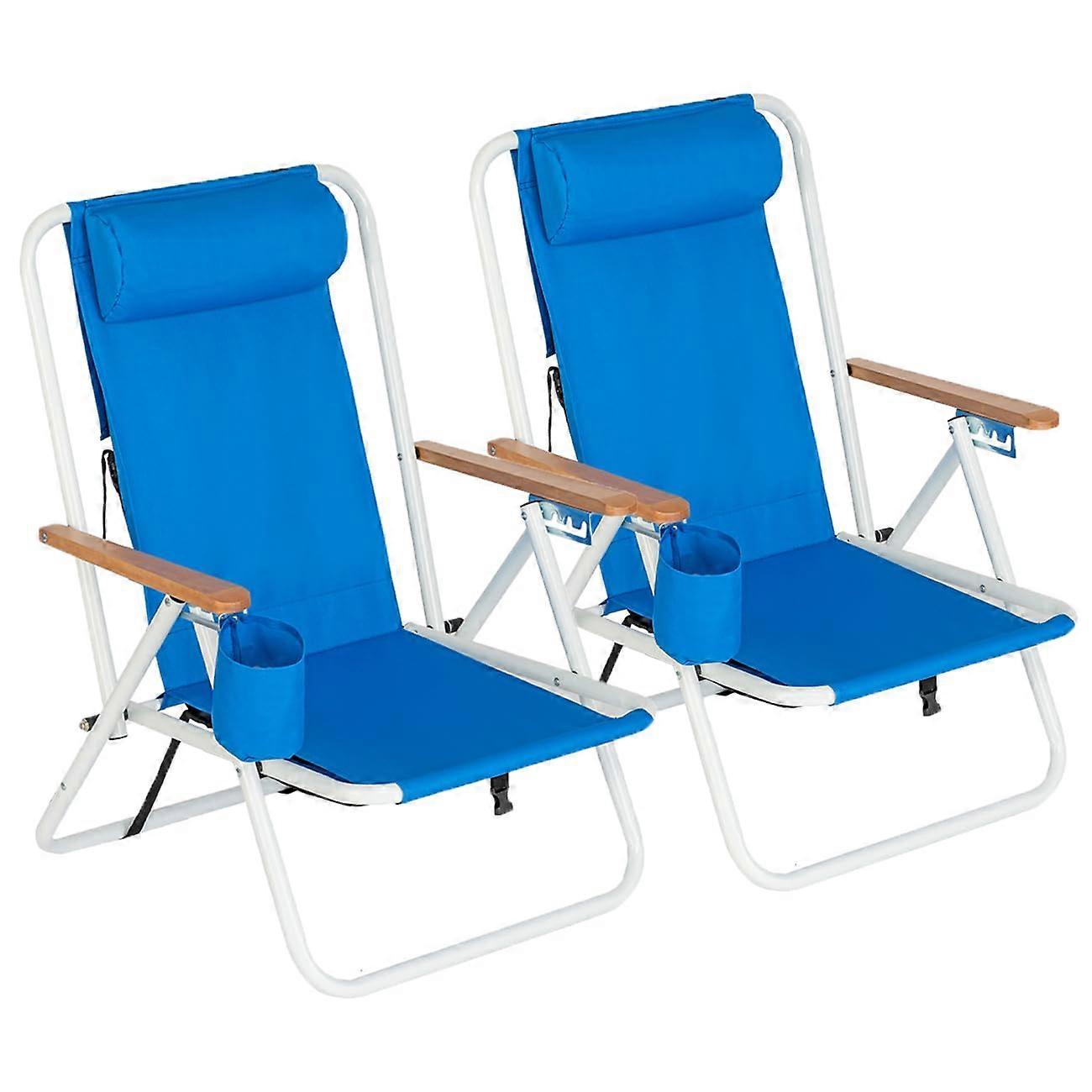 2Pack Lightweight Folding Beach Chairs with Backpack Straps, 4Position Lay Flat Seats, Cup Holder, Blue