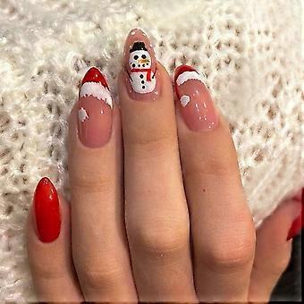 Christmas Press On Nails Almond Medium Length Red French Tip Snowman Design Reusable Holiday Glue On Nails