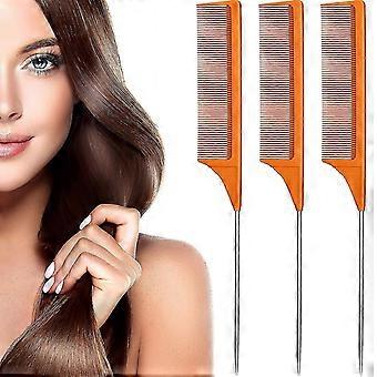 3 Packs Rat Tail Comb Steel Pin Rat Tail Carbon Fiber Heat Resistant Teasing Combs With Stainless Steel Pintail(orange)