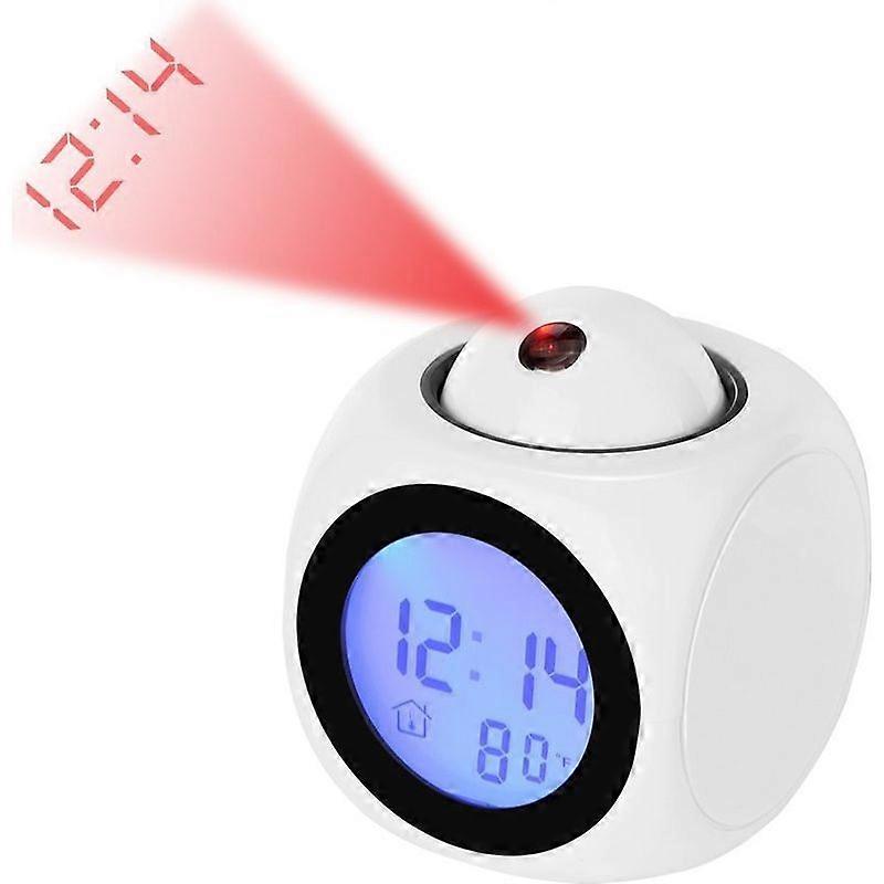 White Digital Projection Clock Voice Control Time Temp Display 12/24 Hour