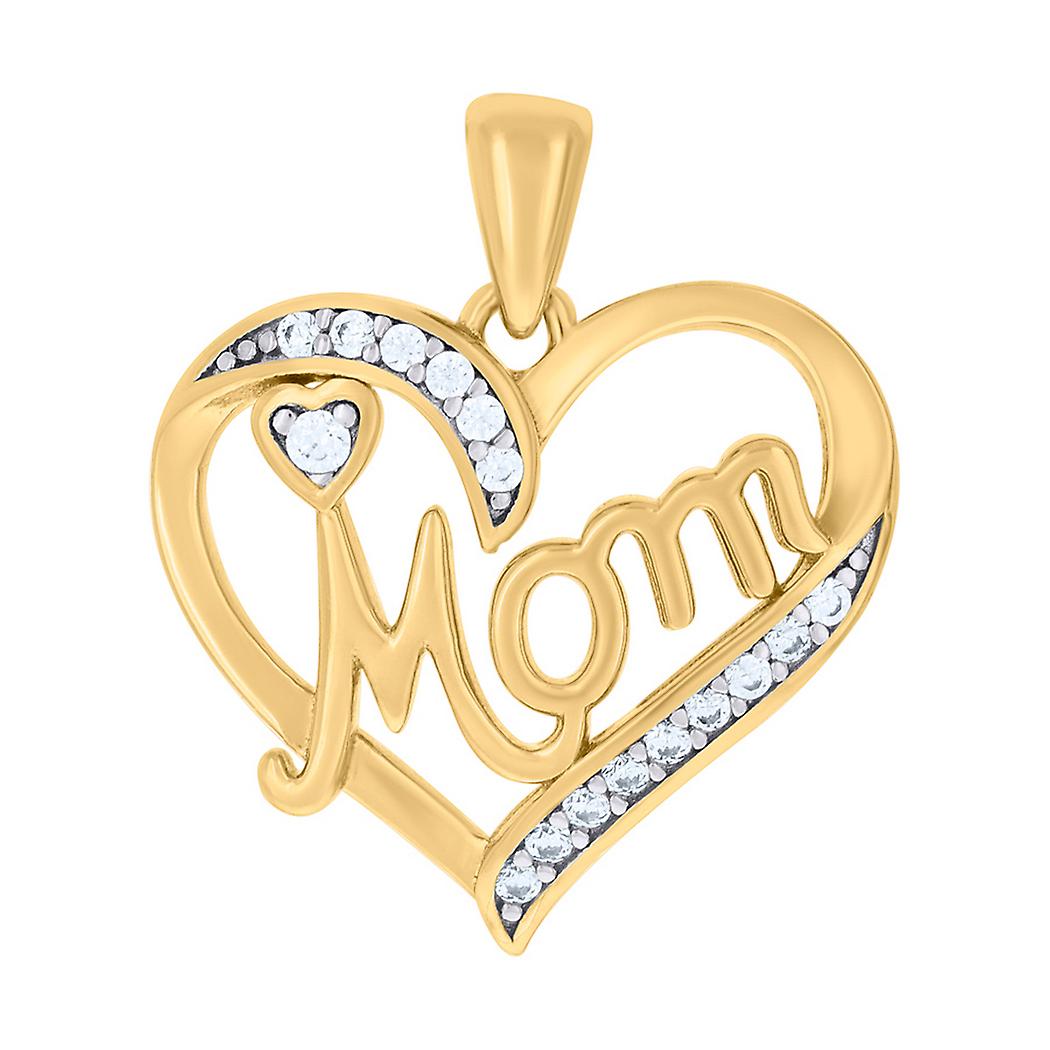 925 Sterling Silver Yellow tone Womens CZ Simulated Diamond Love Heart Mom Charm Pendant Necklace 19x17.4mm Wide-Pendant