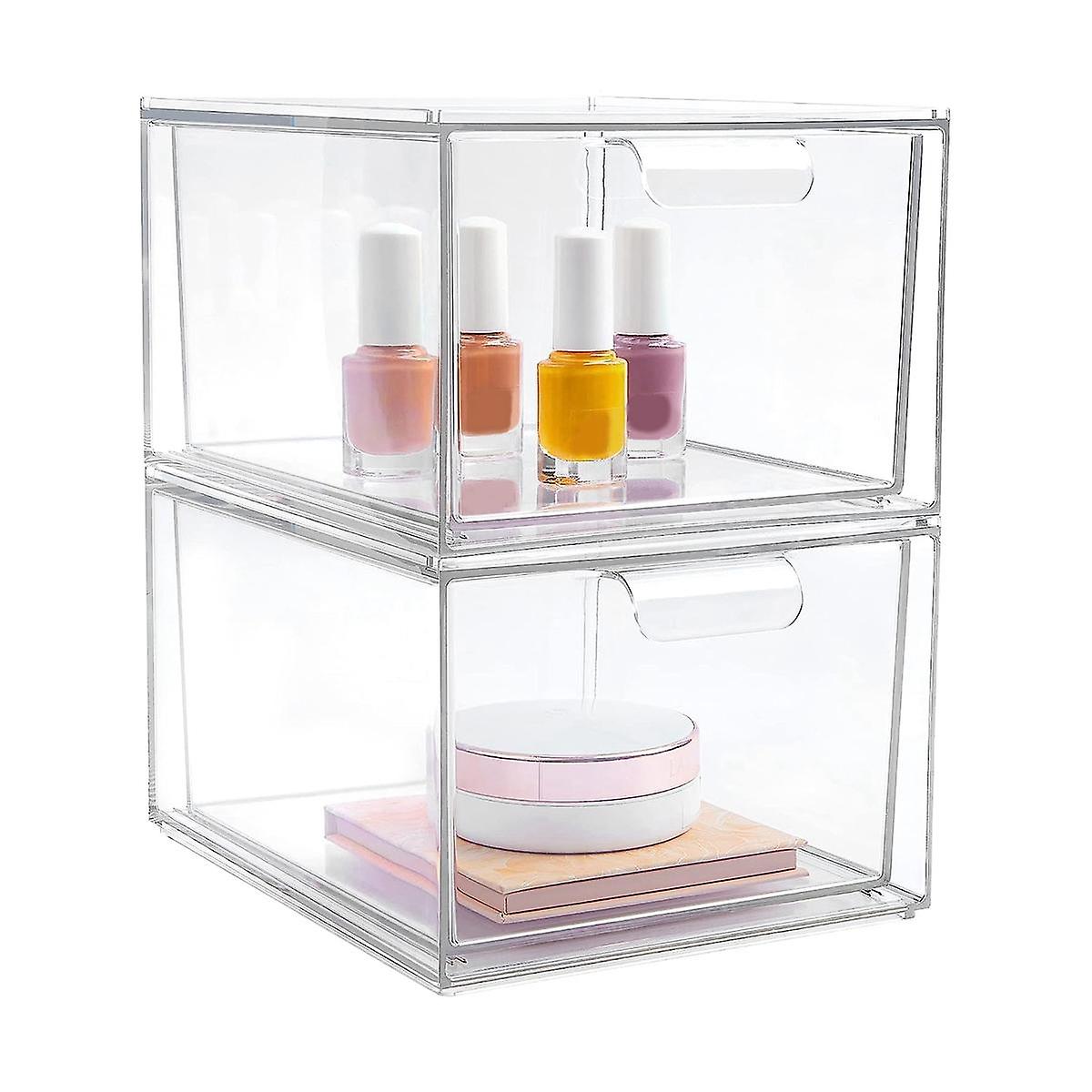2 Pack Stackable Makeup Organizer Storage Drawers, Acrylic Bathroom Organizer, Clear Plastic Storag