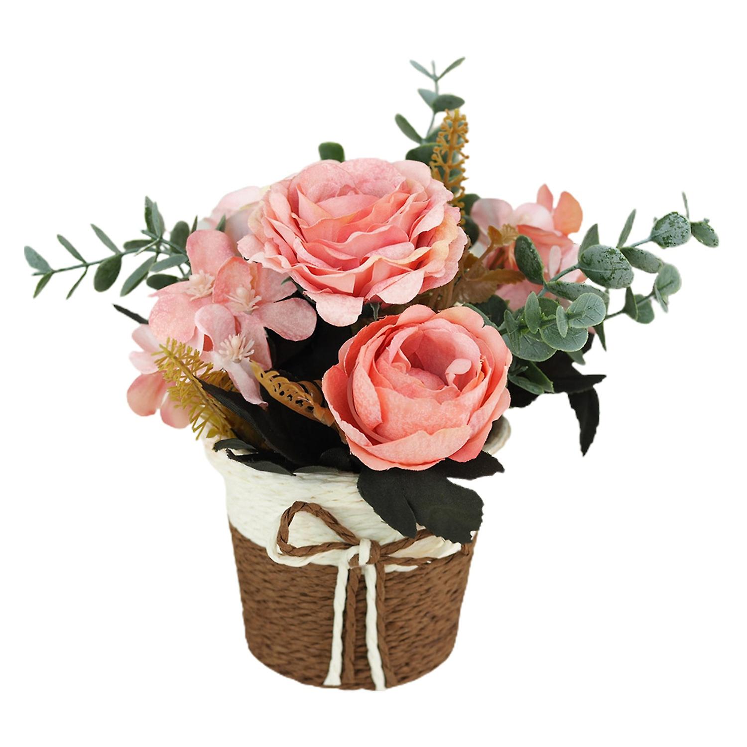 Set of 12 Potted Artificial Flowers - Teal Rose, Eucalyptus in Rattan Basket