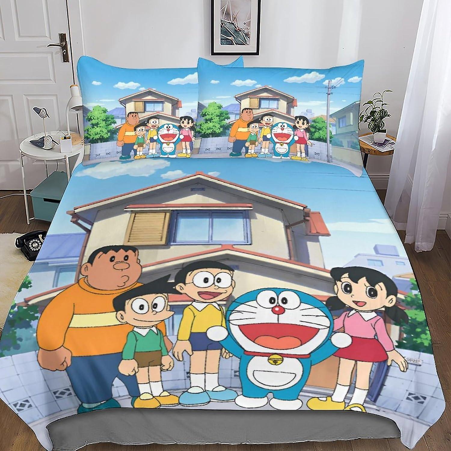 VCLUST Doraemon Zestaw poszewek na kołdrę z nadrukiem 3D Szczotkowana mikrofibra Soft Cute Anime Poszewki na kołdry Easy Care Zestawy pościeli o jakości hotelowej z poszewką na poduszkę 3 sztuki