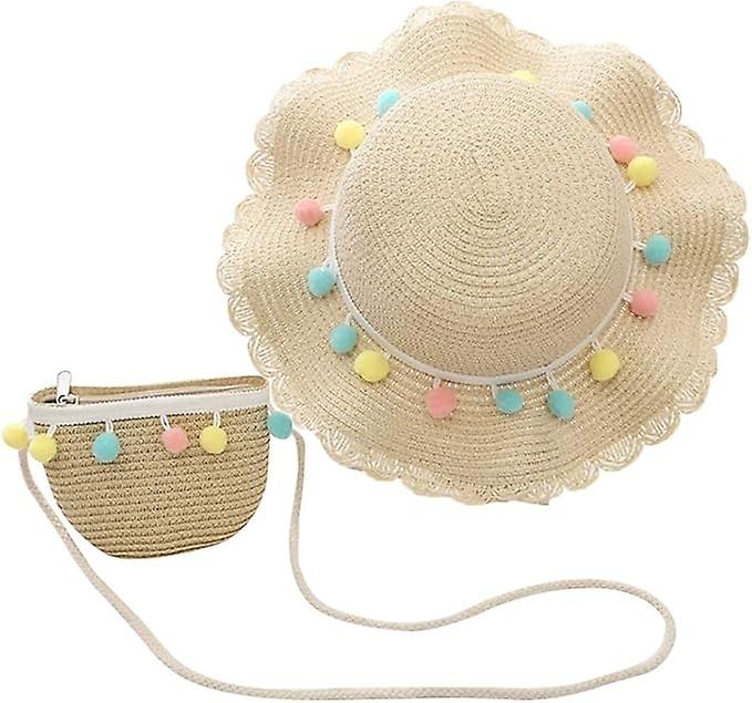 Ruffled Straw Hat Shoulder Bag Set with Coloured Wool Ball Decoration