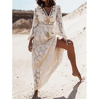 Summer Boho Long Dresses Women Lace V Neck Spaghetti Strap Dress Lady Off Shoulder Beach Sundress White Dress Vestidos De Mujer
