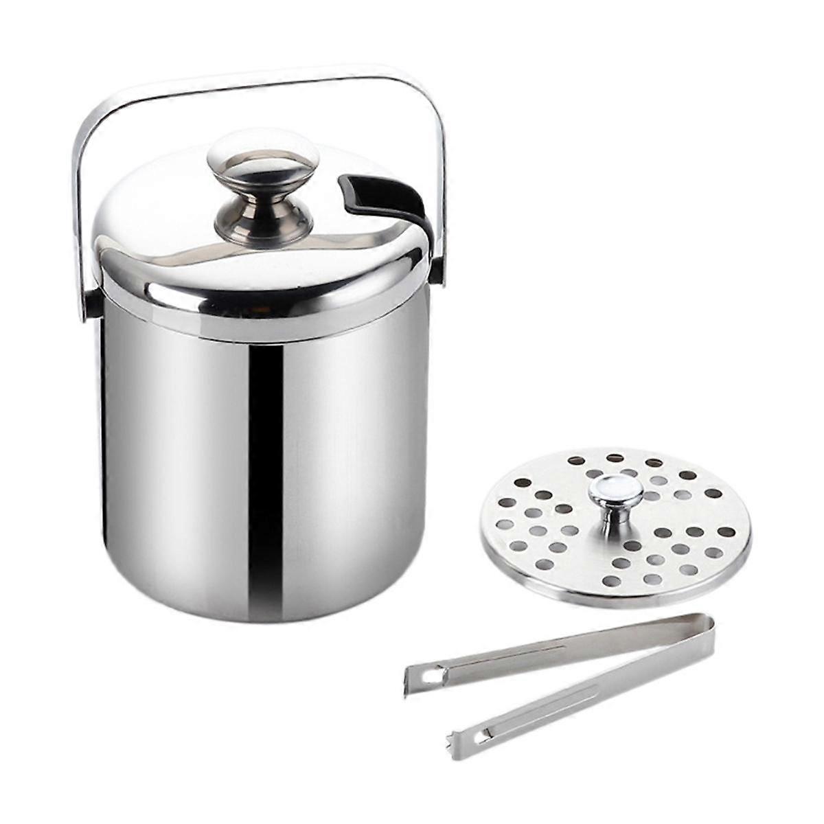 Ice Bucket with Lid and Tong Insulated Ice Bucket Stainless Steel Double Wall Champagne Wine Bottle with Strainer A