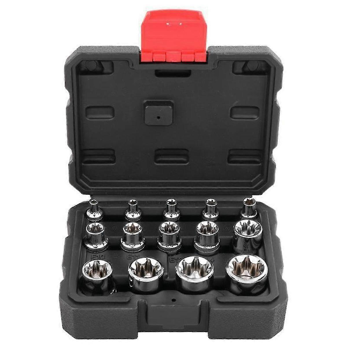 14 Pieces of E-Type Sleeve Bolt Extractor Set is Used for Damaged, Freeze and Rusted Lug Nuts and Screws.