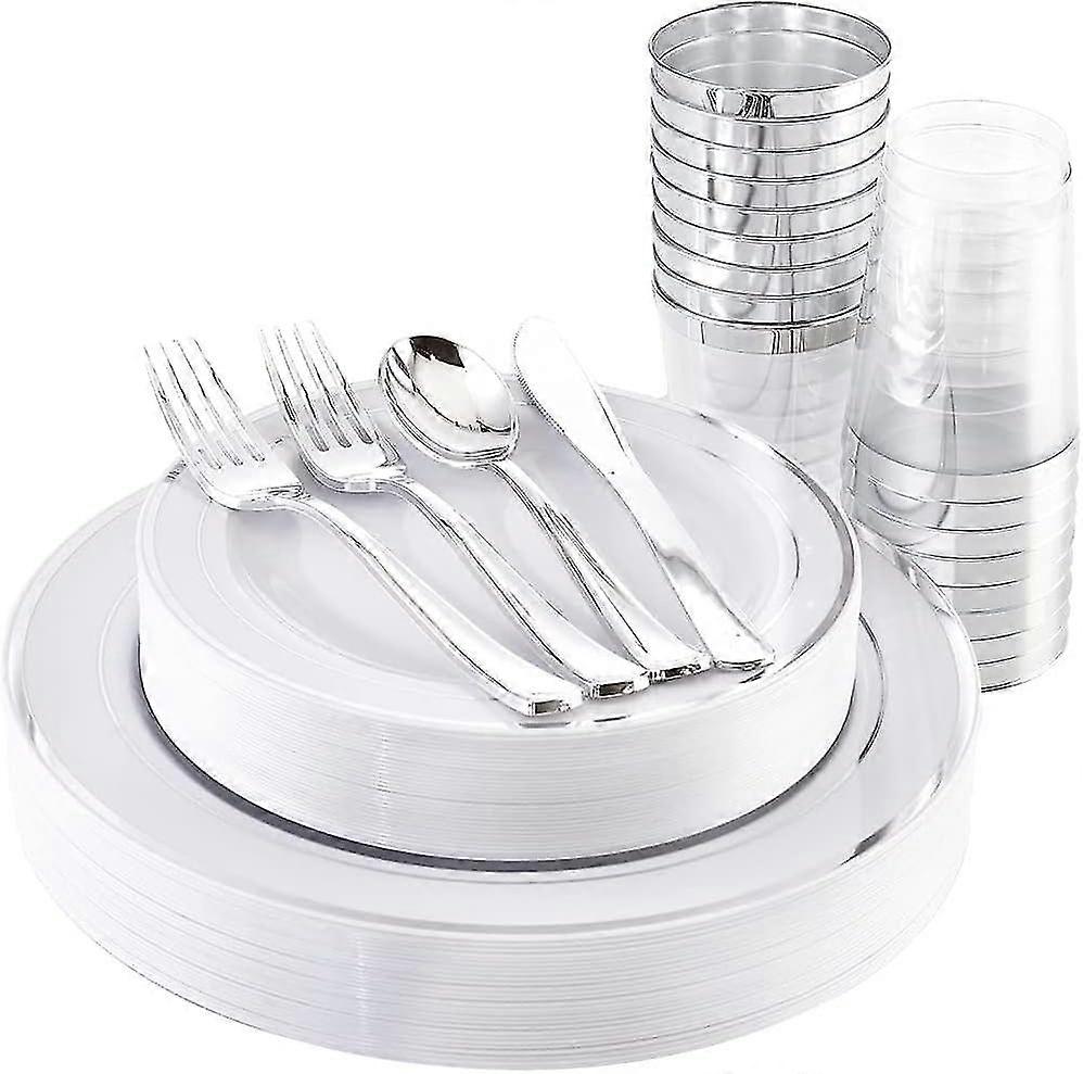 150pcs Multi-use Silver Plastic Dinnerware Set, 25pcs Reusable Dinner Plates, 25pcs Salad Plates, 25pcs Knives, 25pcs Mini Forks, 25pcs Spoons, 25pcs