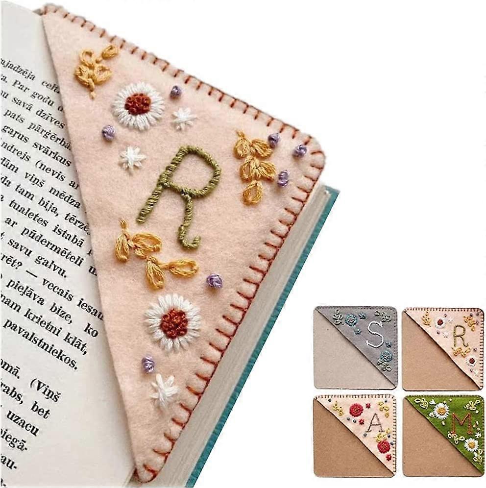 Personalized Hand Embroidered Corner Bookmark 26 Letters Felt Triangle Corner Page Bookmark Handmade Stitched Book Marker Cute Flower Bookmarks for Bo