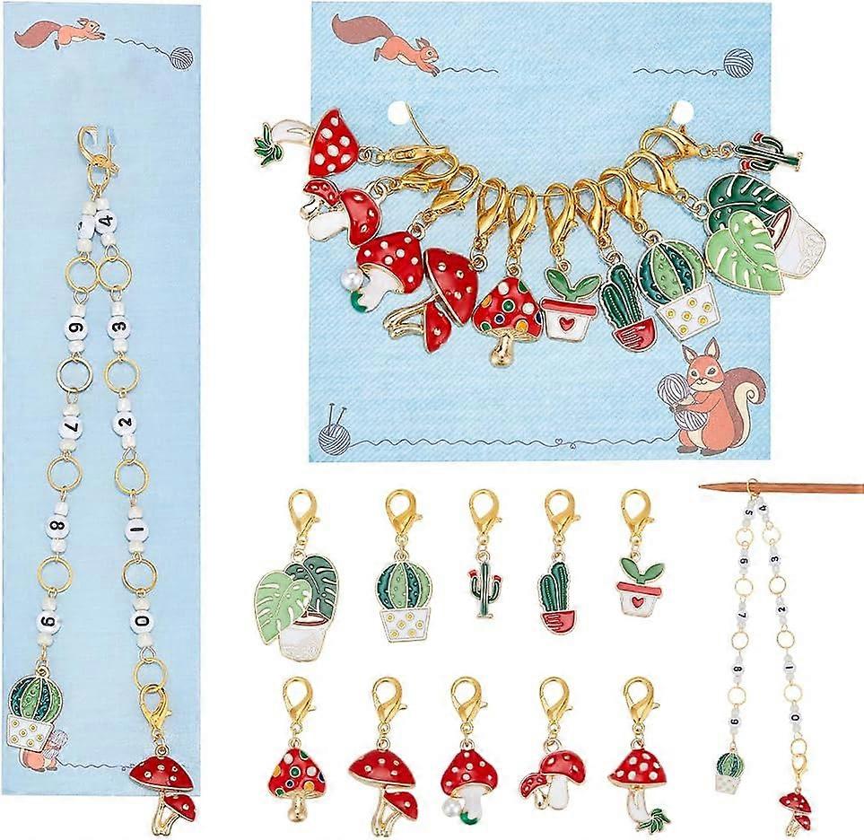 1 Pcs Mushroom and Cactus Knitting Row Counter Chains and 10 Pcs Stitch Markers Alloy Enamel Stitch Marker for Knitting Weaving Sewing Jewelry Making
