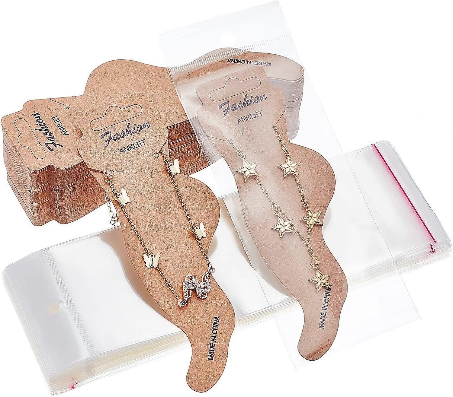 120pcs Paper Anklet Display Cards 6.12.2" Feet Shape Organizer Tags Kraft Display Cards with 120pcs Transparent Self-Seal Packing Bags for Small Busin