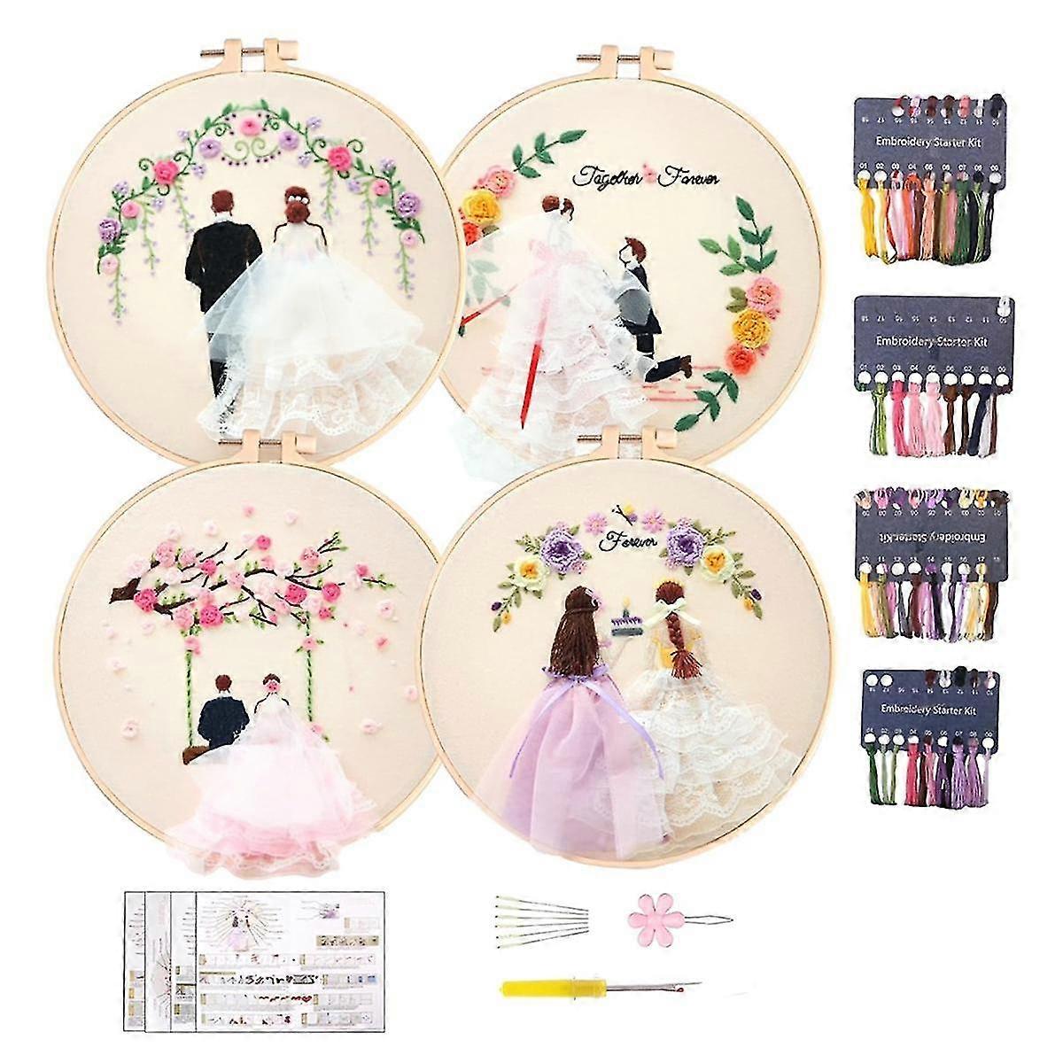 4pack broderikit för vuxna gör-det-själv-broderikit för nybörjare handbroderikit med mönster (bröllop)