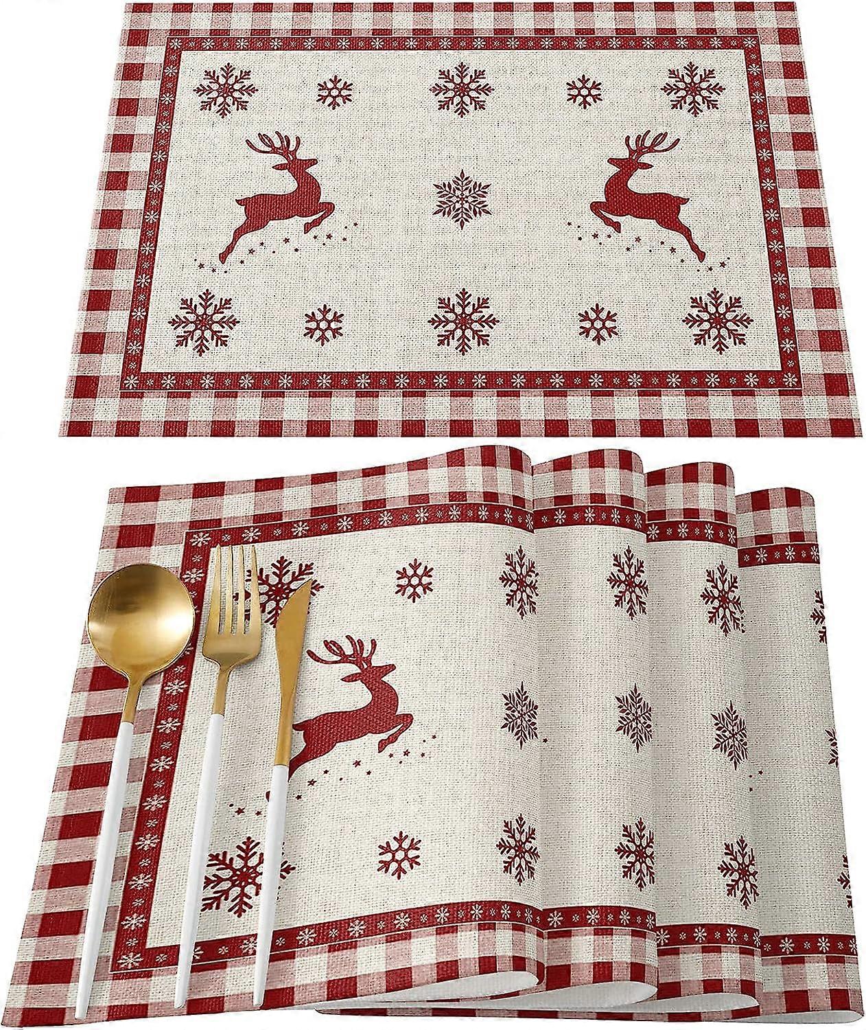 Placemats Set Of 6 Heat-Resistant Placemat For Dining Table Christmas Elk Snowflake Red Buffalo Check Plaid Table Placemats Set