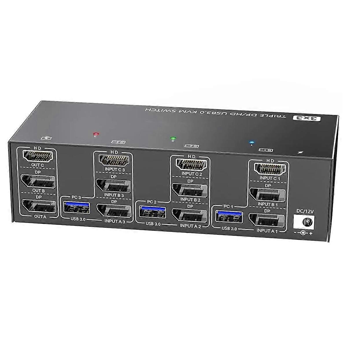 Conmutador KVM USB 3.0 de 3 entradas y 3 salidas, 3 monitores, 3 ordenadores 8K@60Hz 4K@144Hz KVM de triple monitor con 4 puertos USB 3.0, enchufe de la UE